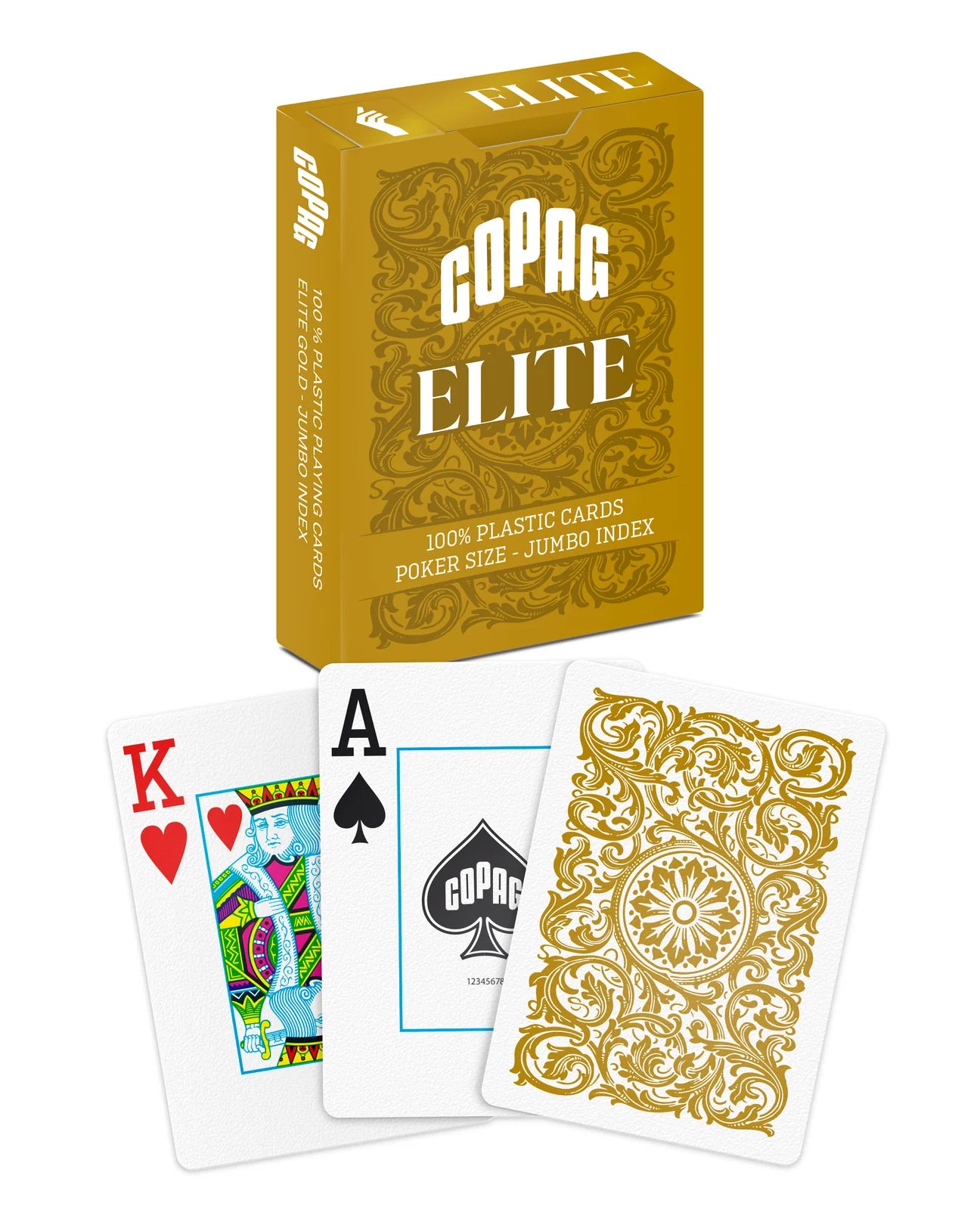 Copag Elite playing cards with a decorative box and sample cards on a white background