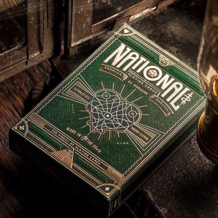 National Playing Cards box with intricate design on a dark surface