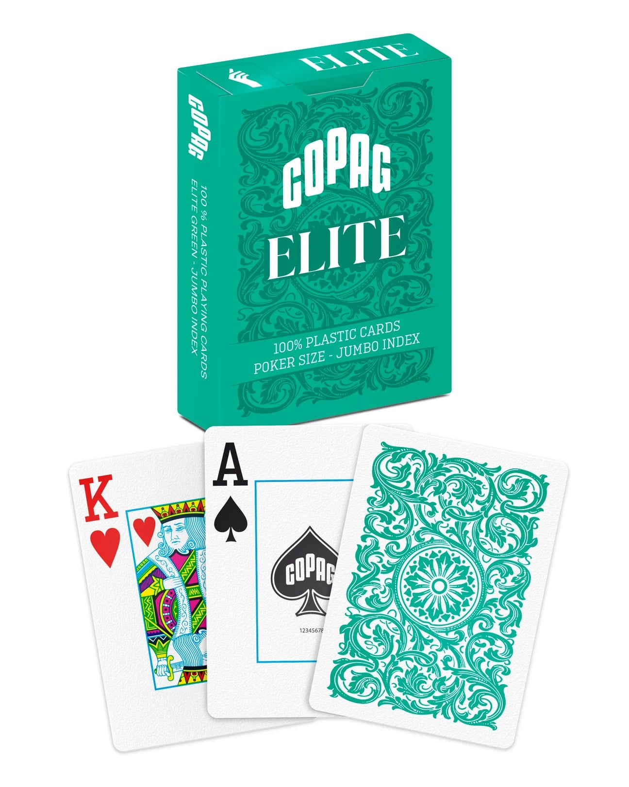 Copag Elite playing cards with a green box and sample cards on a white background