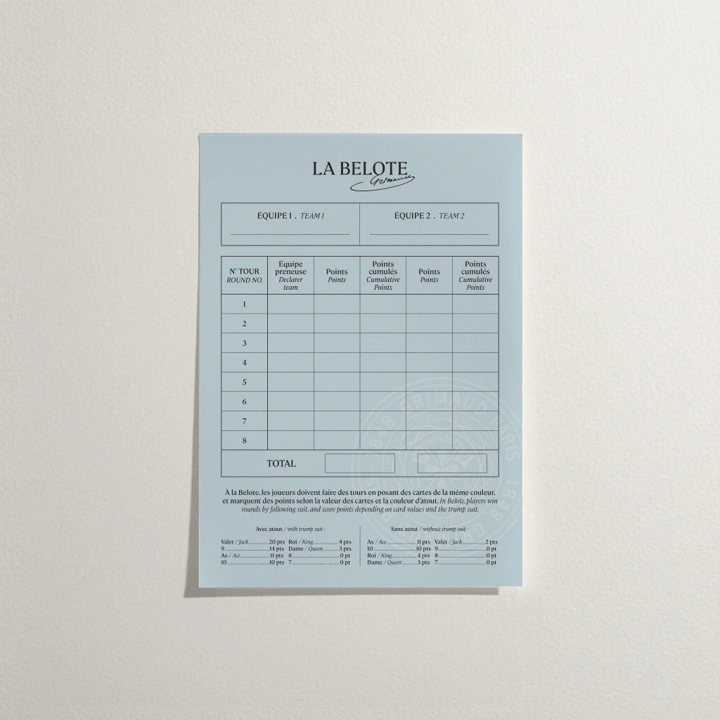 Light blue Grimaud scorecard with 'La Belote' branding on a white background