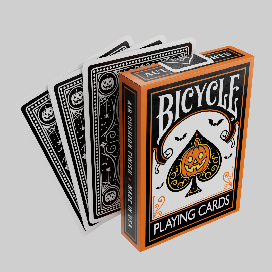 Bicycle Classic Halloween orange tuck box displayed with custom two-way ghost card backs