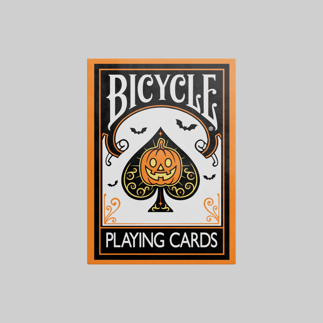Front of Bicycle Classic Halloween orange playing-card tuck with jack-o’-lantern Ace of Spades