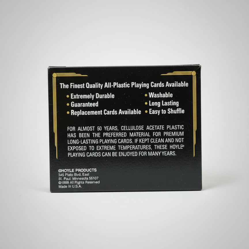 Back of Hoyle 100% Cellulose Acetate playing card box with text about playing cards on a black background