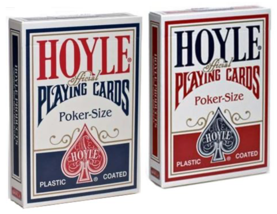 Two boxes of Hoyle Official Playing Cards, one blue and red, the other white and red.