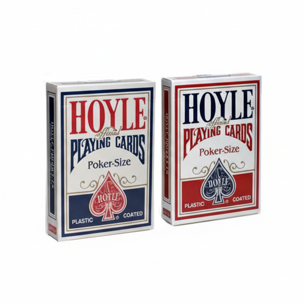 Two boxes of Hoyle Official Playing Cards, one blue and red, the other white and red.