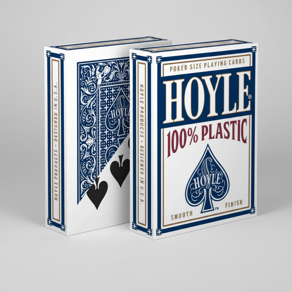 Two boxes of Hoyle 100% plastic playing cards with blue and white design.