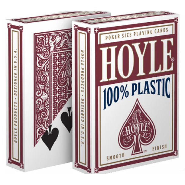 Hoyle poker size playing cards packaging with red and white design.