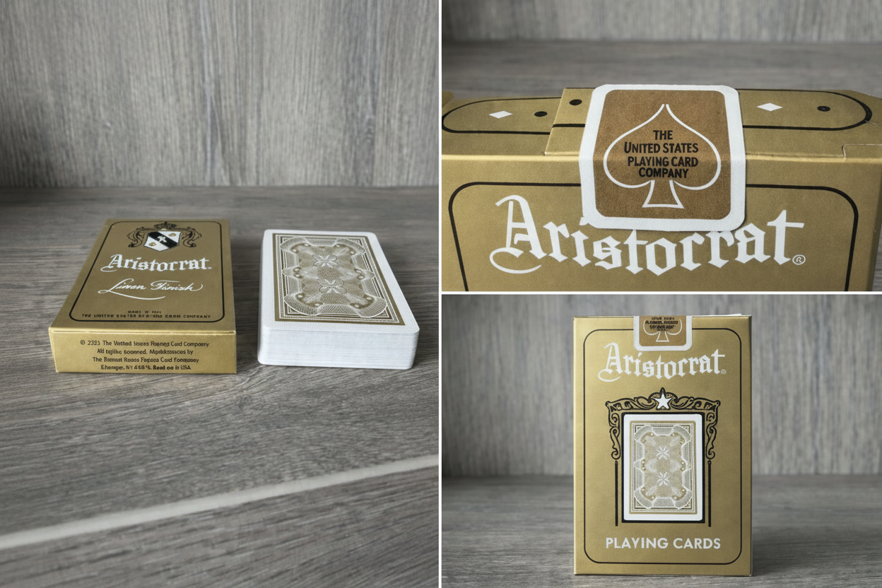 Aristocrat 727 Gold 110th Anniversary deck in three images: a tuck box next to a stack of the playing cards, a close up of the gold seal, and the back of the tuck box showing the bank note card back.