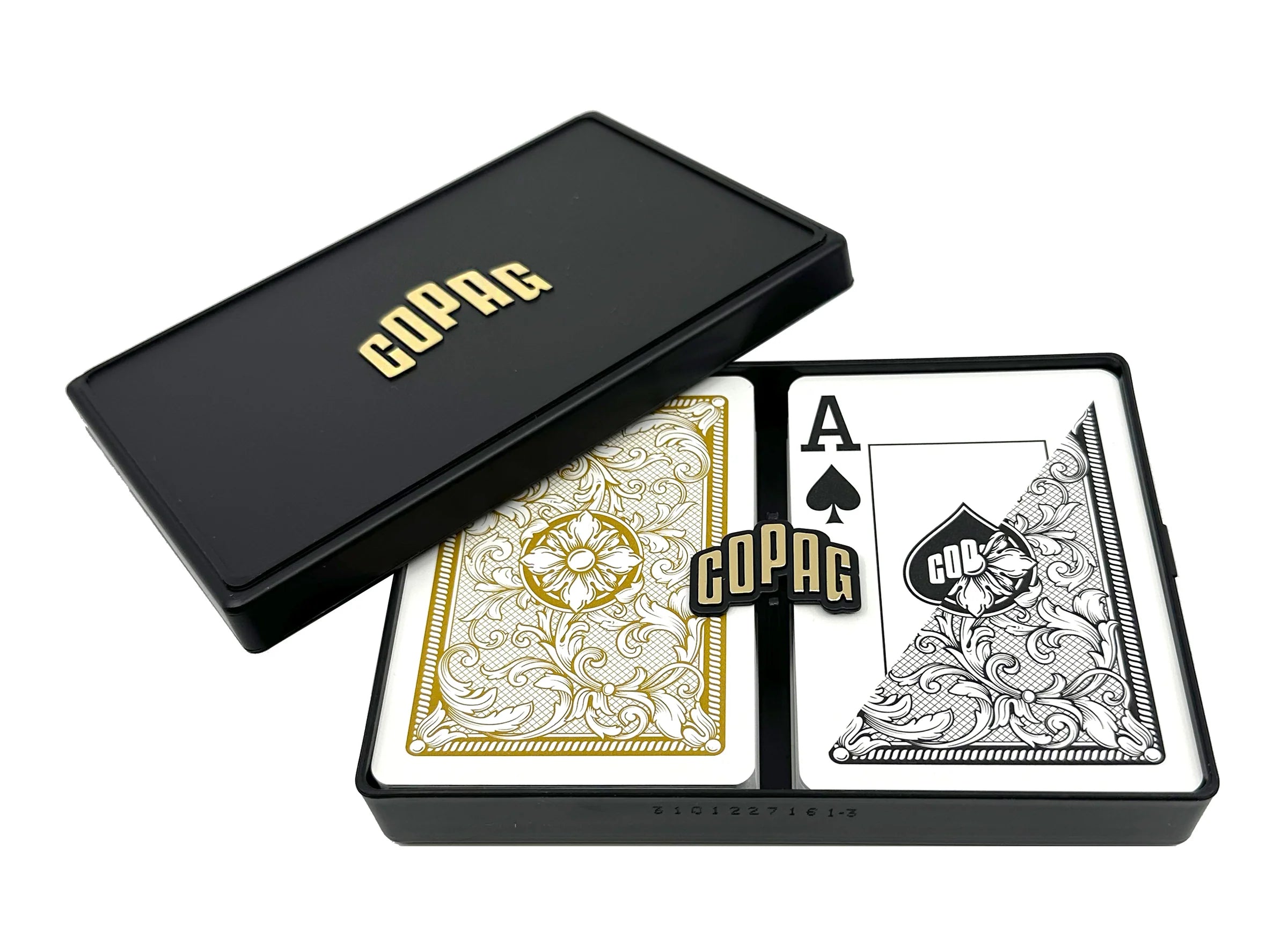 Copag Legacy Poker Size Jumbo Index (Black & Gold) playing cards with black box on a white background