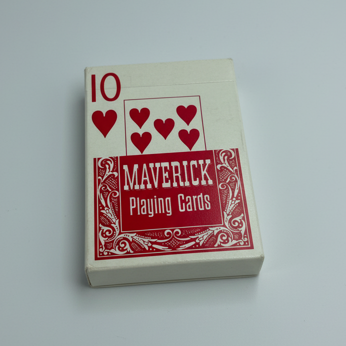 Pack of Maverick playing cards with a red and white design on a white background