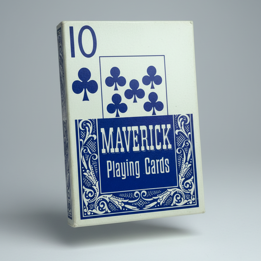 Pack of Maverick playing cards with a blue and white design on a white background