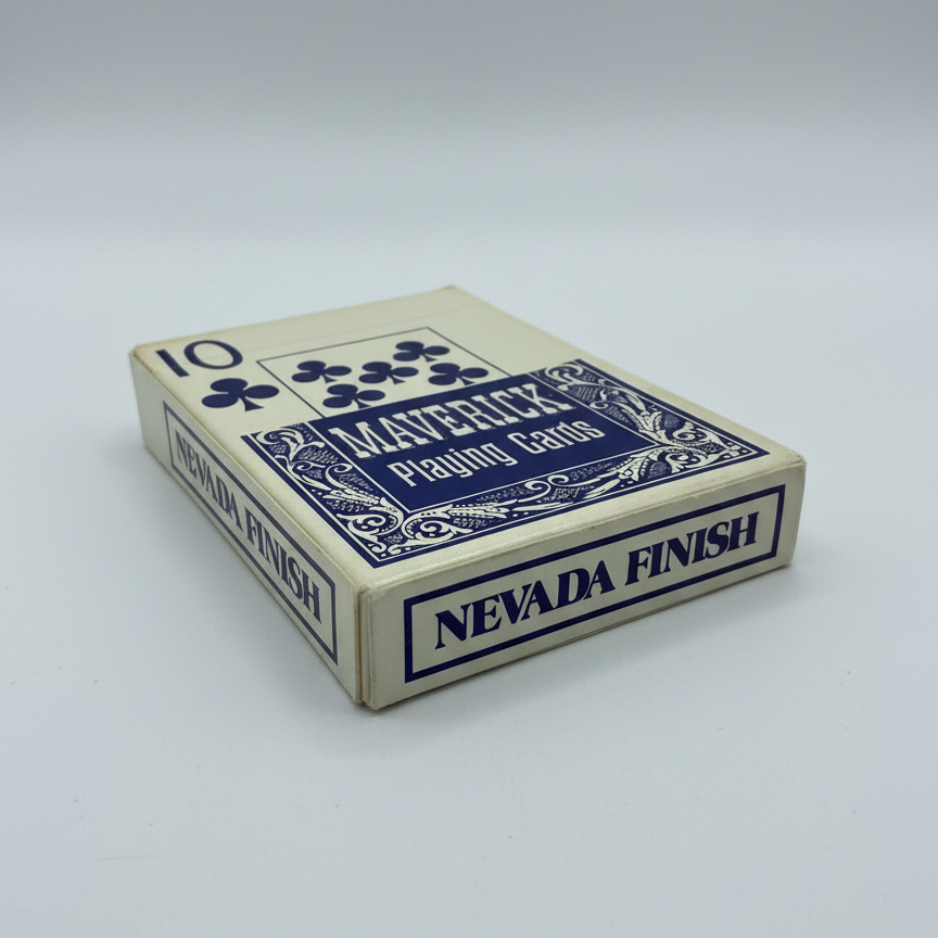 Playing card box with 'Maverick Playing Cards' and 'Nevada Finish' text on a white background