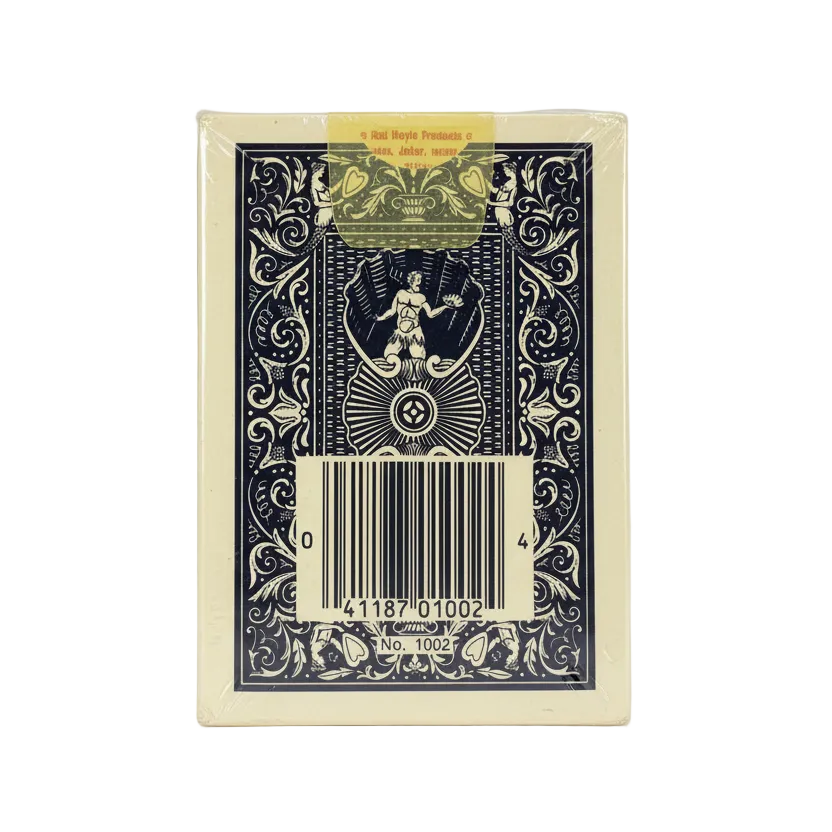 Packaged playing cards with decorative design and barcode on a white background