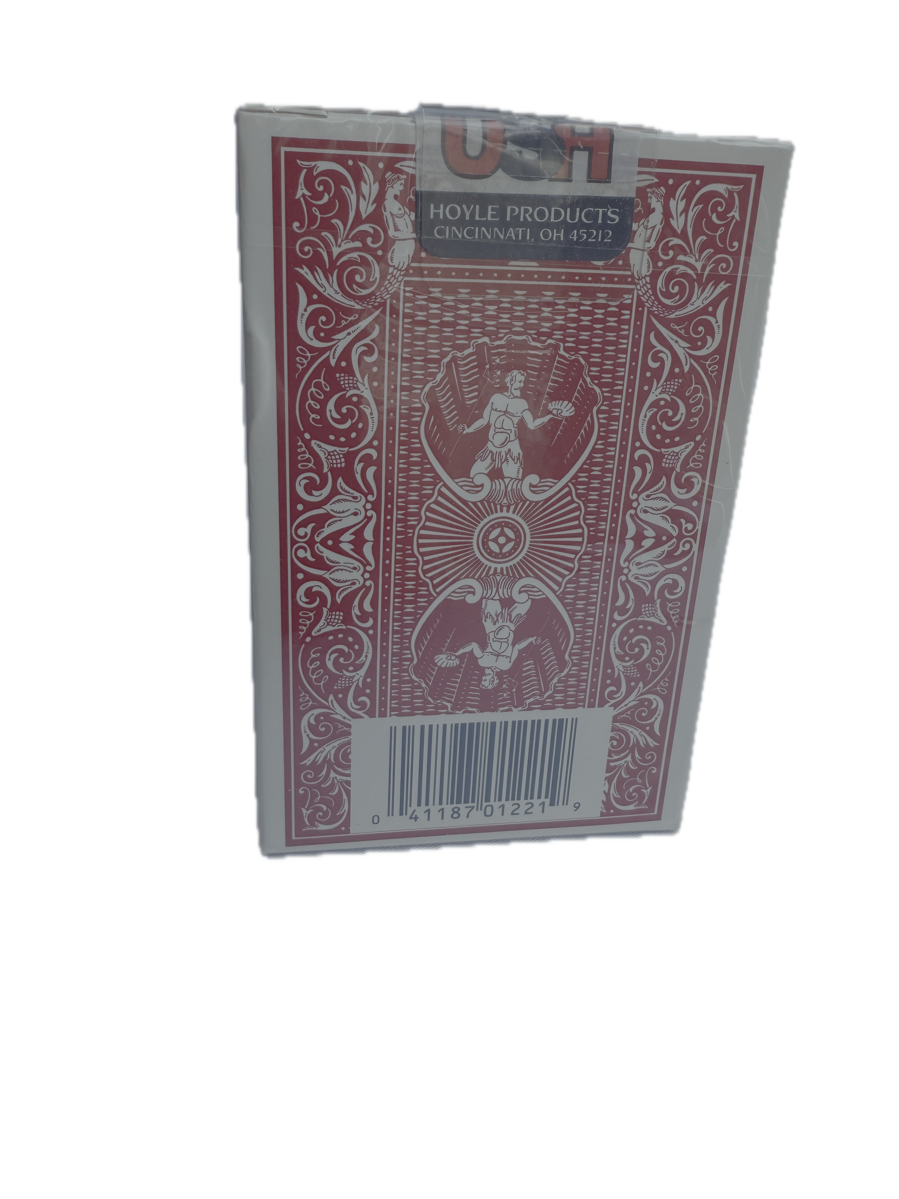 Red playing card deck with 'Hoyle Products' branding on a white background