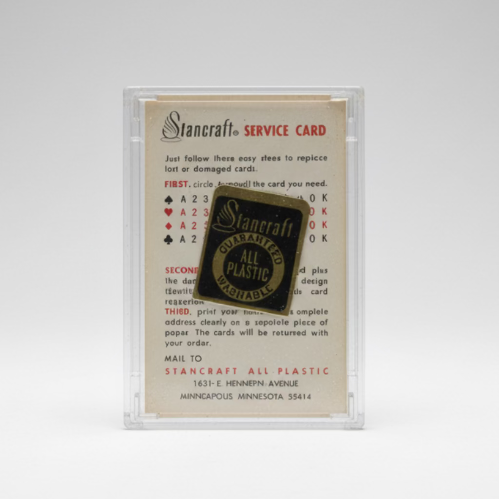 Vintage Stancraft service card with a gold stamp