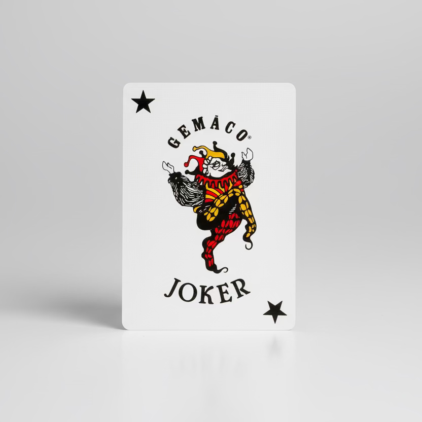 Playing card with a jester design and 'GEMACO Joker' text on a wooden surface