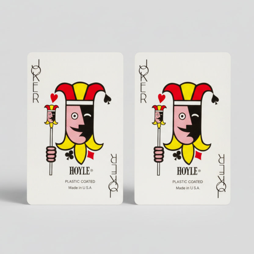 Two Hoyle iconic jester joker playing cards