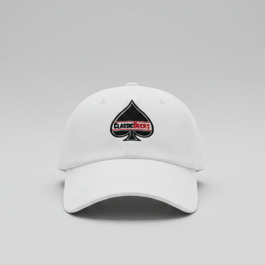 White cap with a ClassicDecks logo