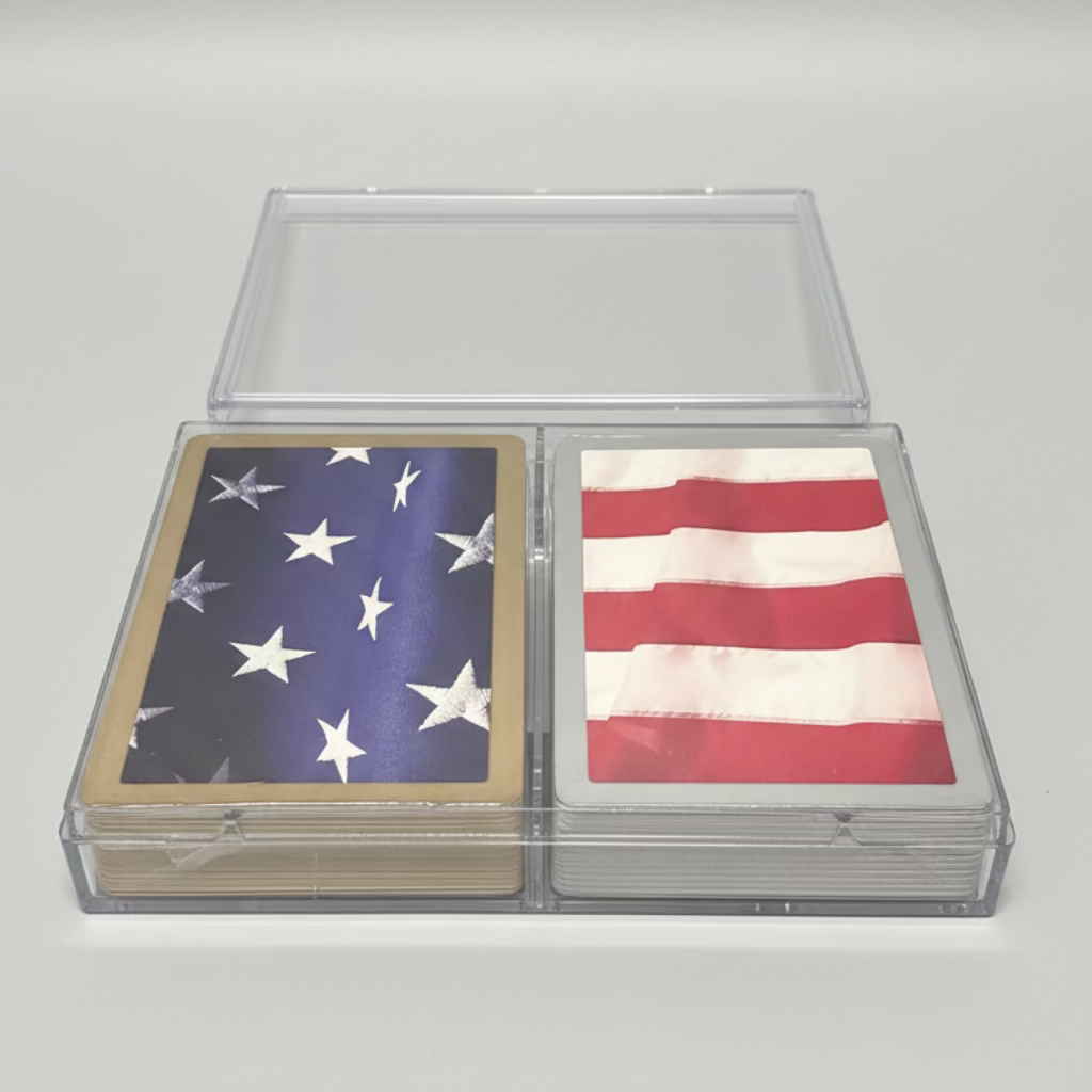 Congress Red, White, and Blue Playing Cards in an open clear case