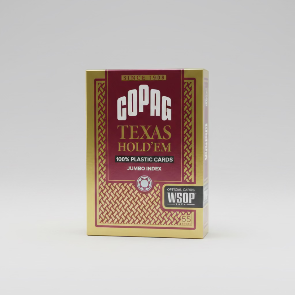 Copag Texas Hold’em red 100% plastic jumbo-index playing cards in WSOP packaging