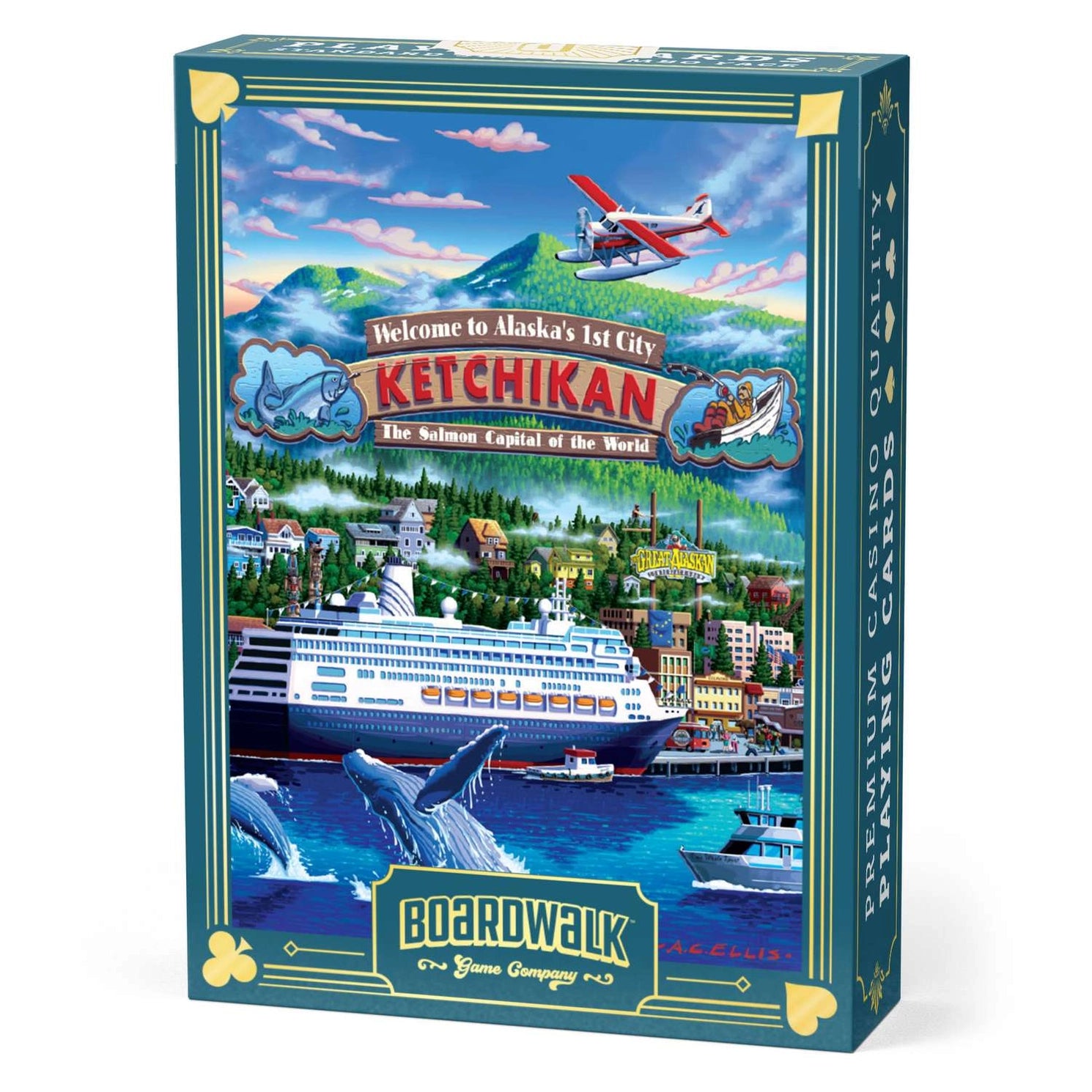 Boardwalk Ketchikan Playing Cards tuck box with Alaska harbor artwork