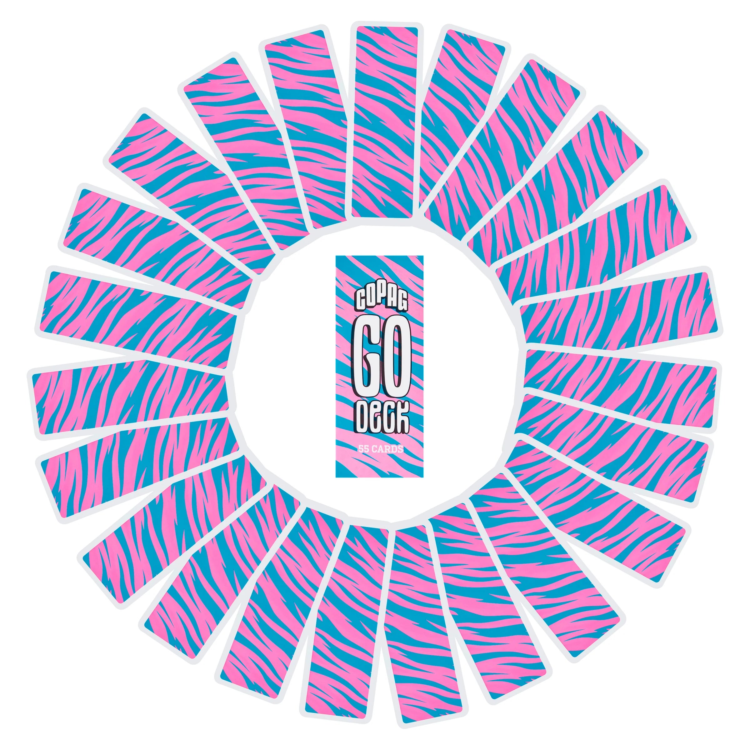 Circular arrangement of pink and blue zebra patterned strips with Copag Go Deck branding.