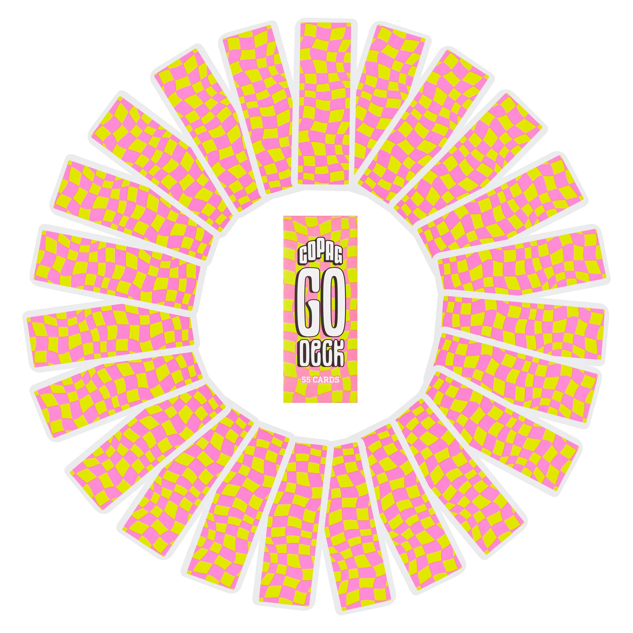 Circular arrangement of pink and yellow checkered cards with Copag Go Deck – playing cards in the center.