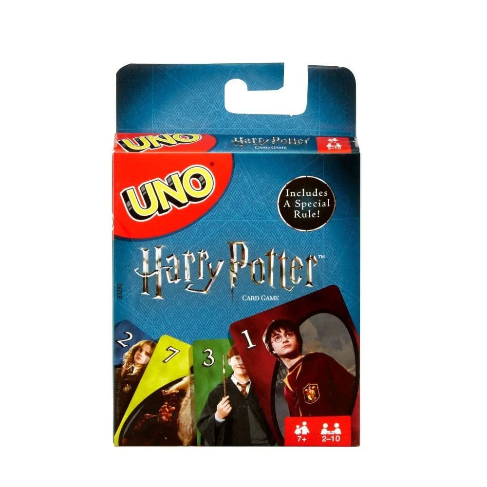 UNO Harry Potter card game retail box on a plain white background. The packaging features the UNO logo, Harry Potter branding, and images of character cards.