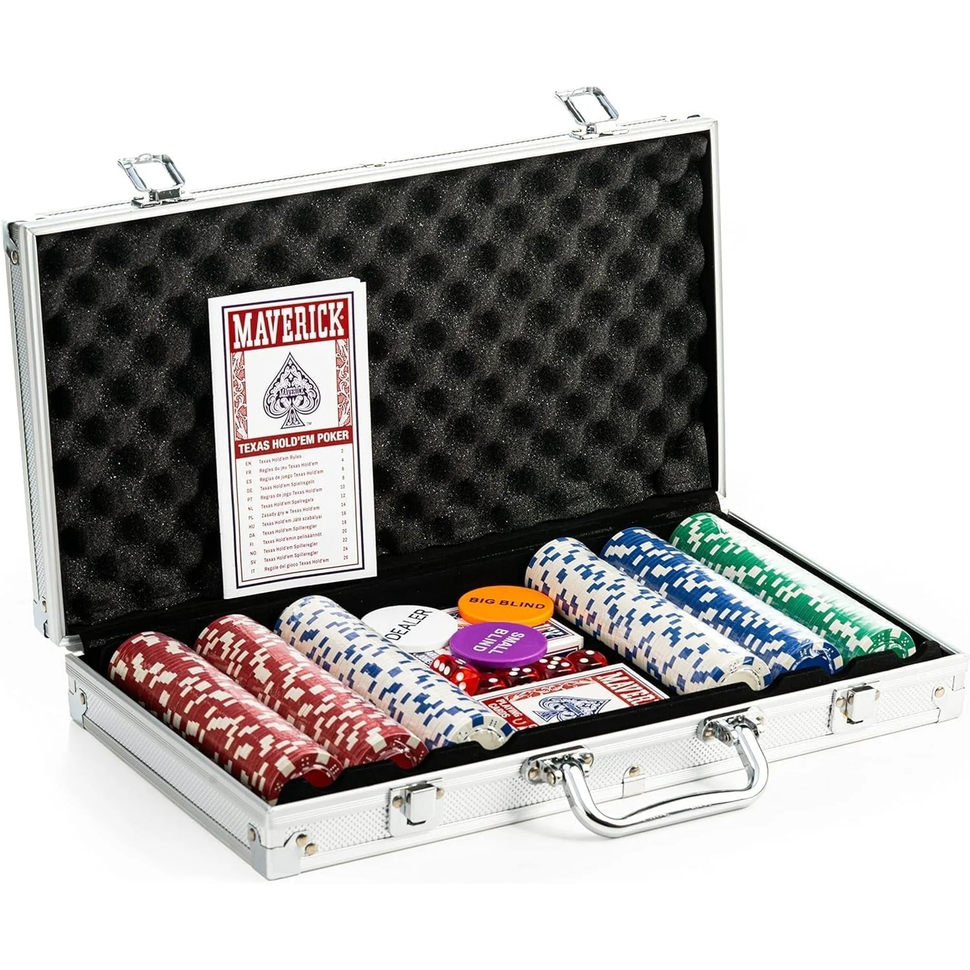 Poker chip set in an open aluminum case with a Texas Hold'em poker card on a white background