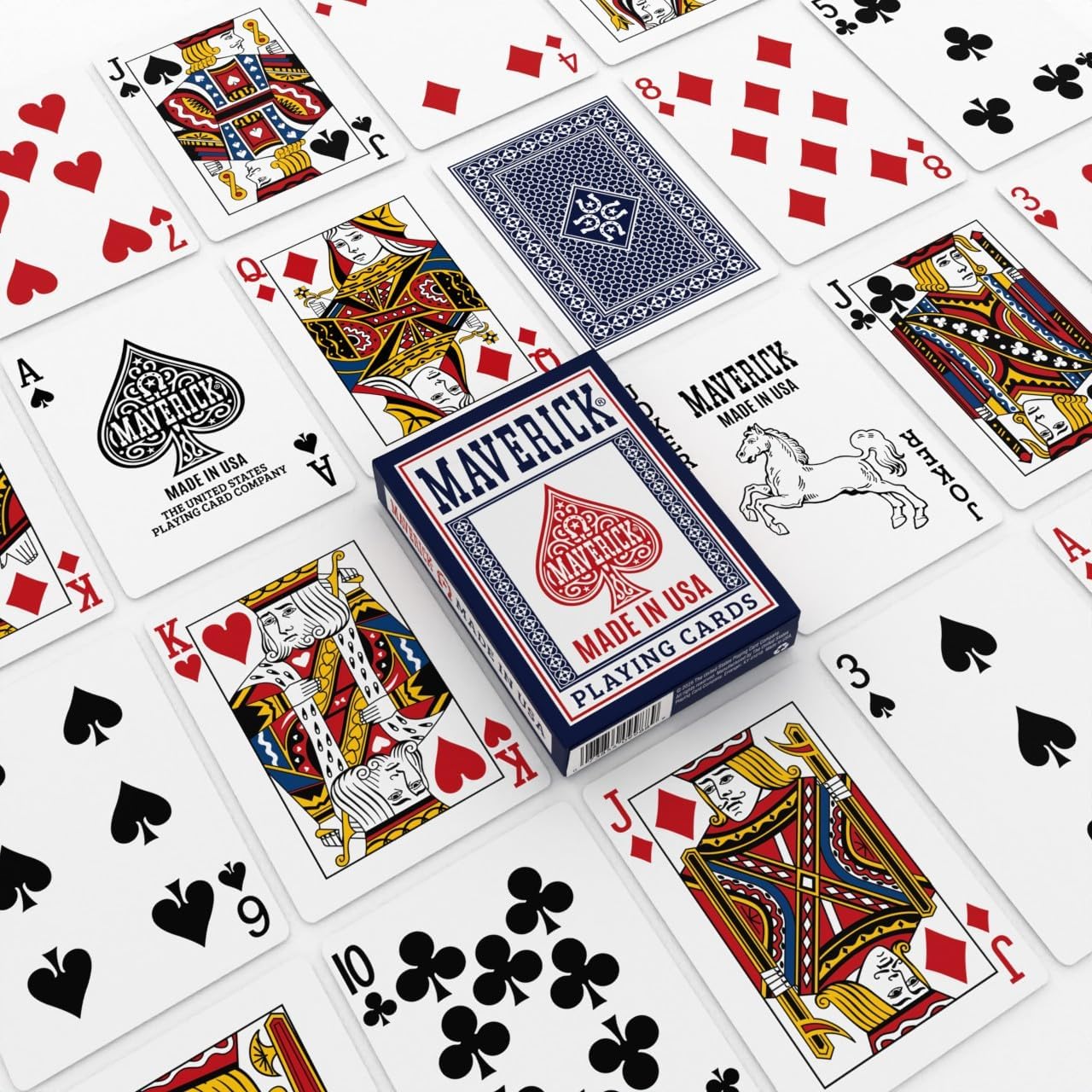 Maverick playing cards with various card suits displayed around the packaging.