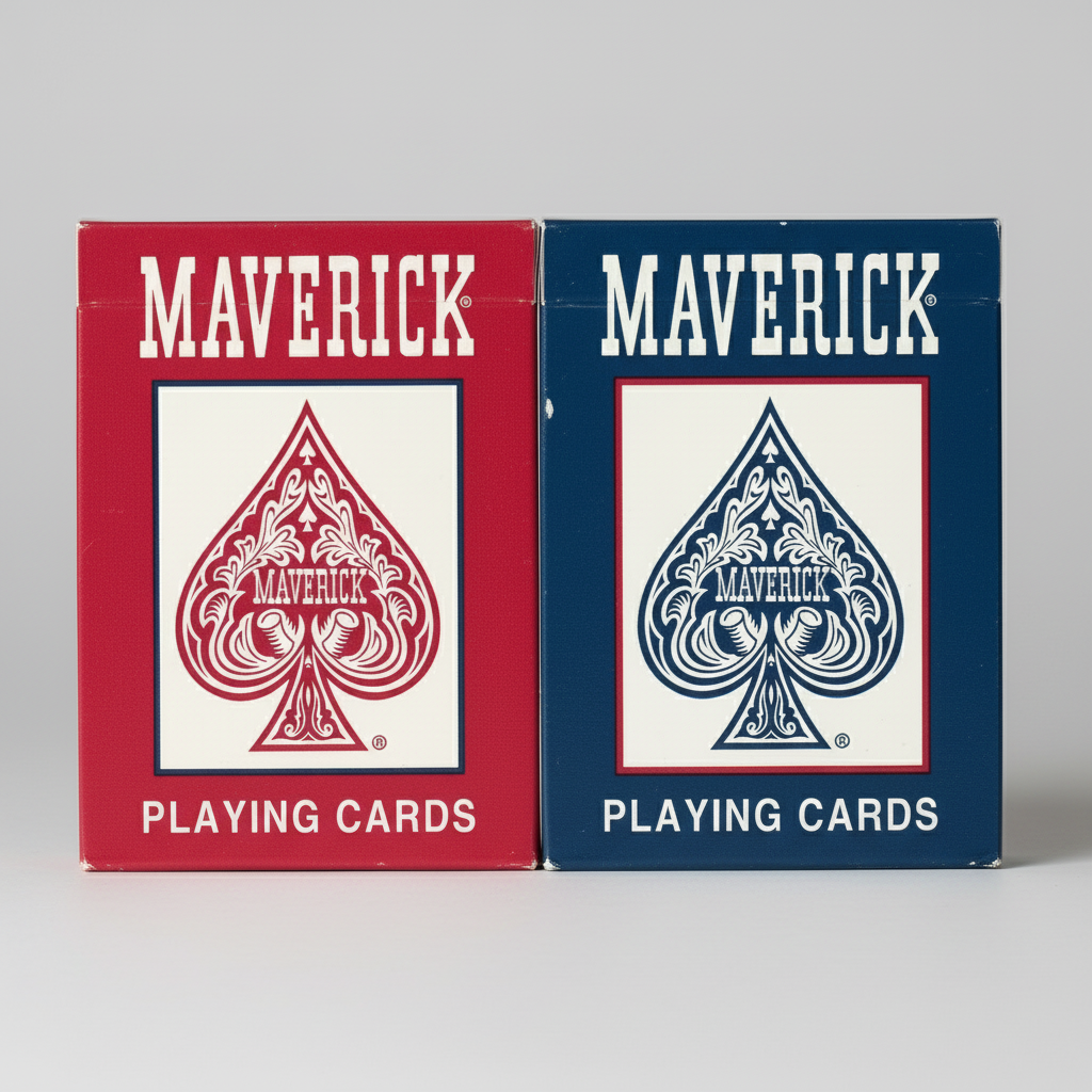 Two boxes of Maverick playing cards, one red and one blue, on a white background.