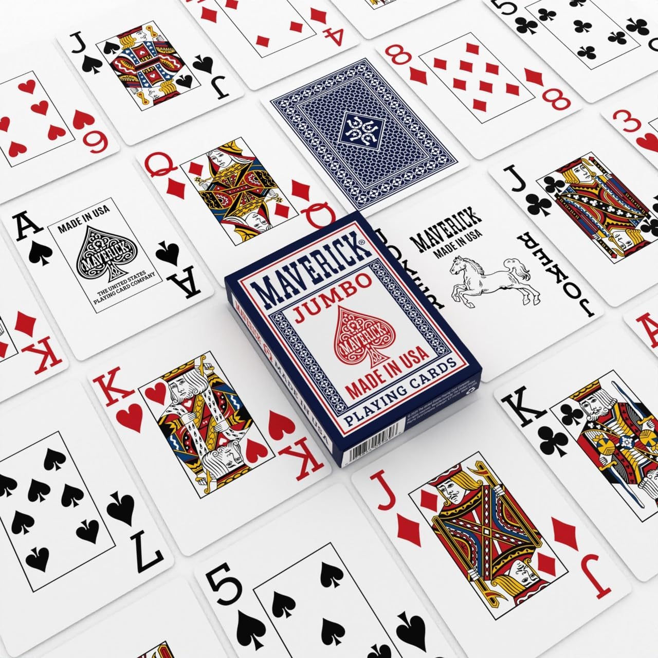 Maverick Jumbo Made in USA playing cards with a box in the center surrounded by cards.