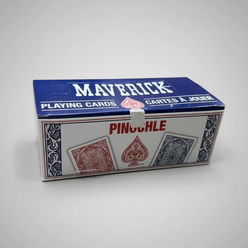 Box of Maverick Pinochle playing cards on a white background