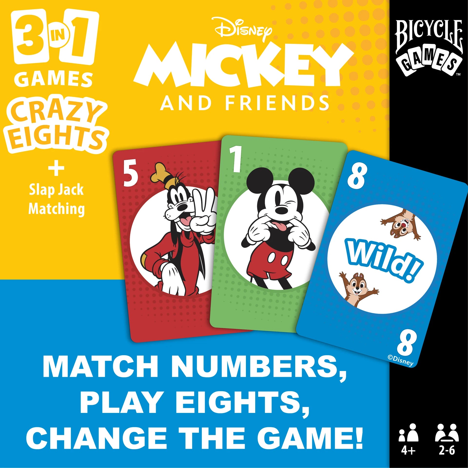 Bicycle Disney Mickey and Friends 3 in 1 Crazy Eights game with Mickey, Goofy, and Wild card artwork