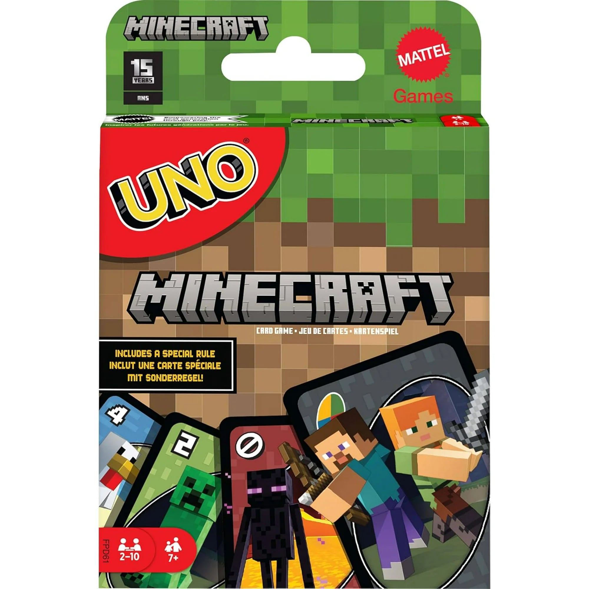 Minecraft UNO card game in its original retail packaging, featuring the green and brown pixelated Minecraft theme, a red UNO logo, and character illustrations of Steve, a Creeper, and an Enderman.