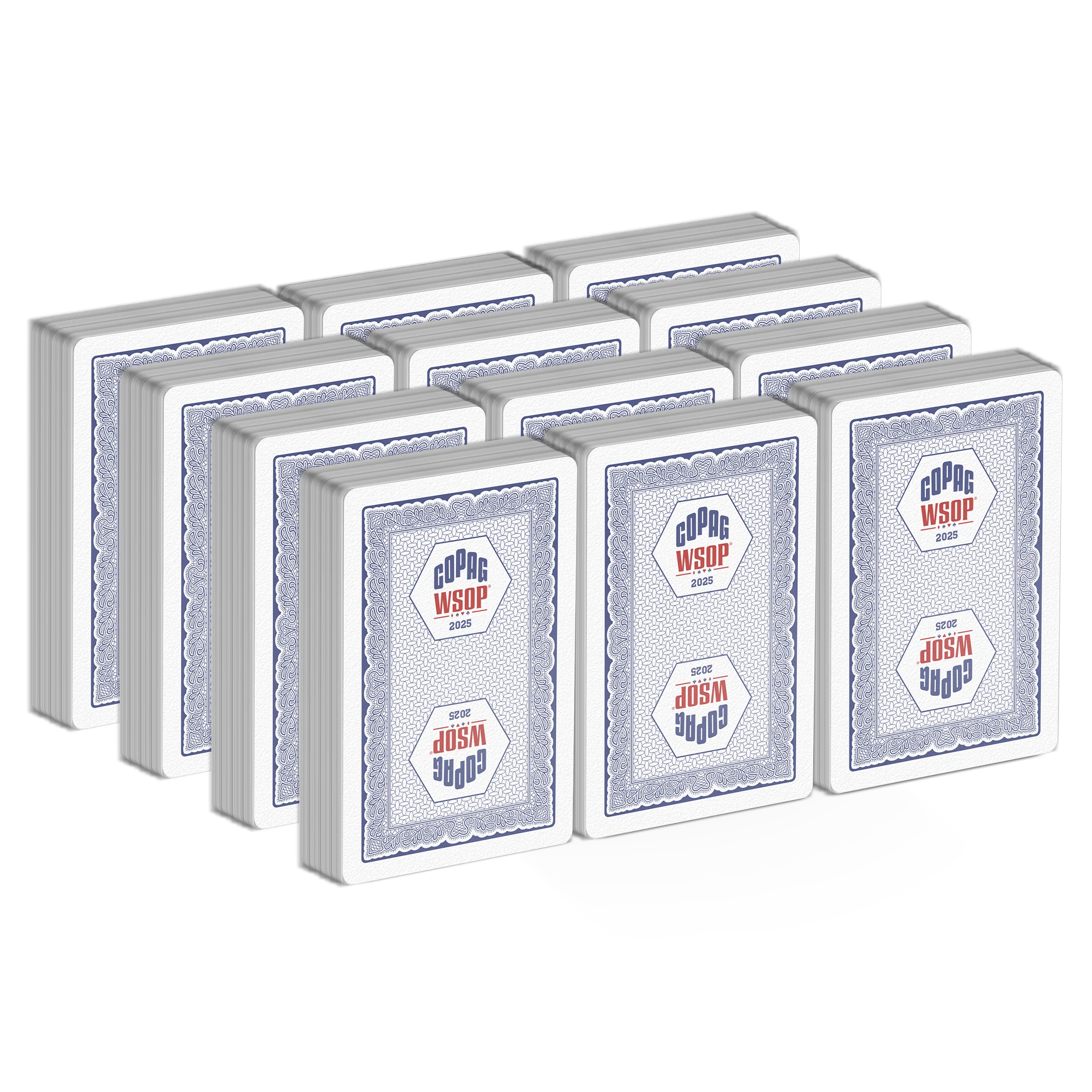 Copag WSOP 2025 blue brick mockup showing 12 bridge-size regular-index 100% plastic playing card decks arranged together