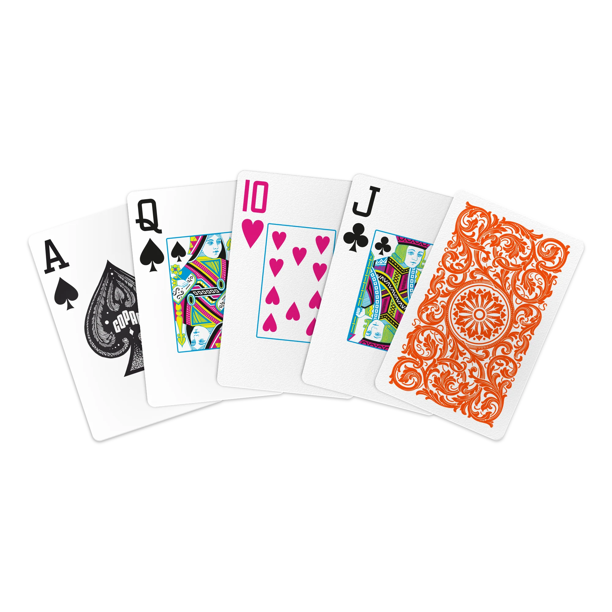 Copag Elite jumbo orange playing cards in bridge size with decorative designs on a white background
