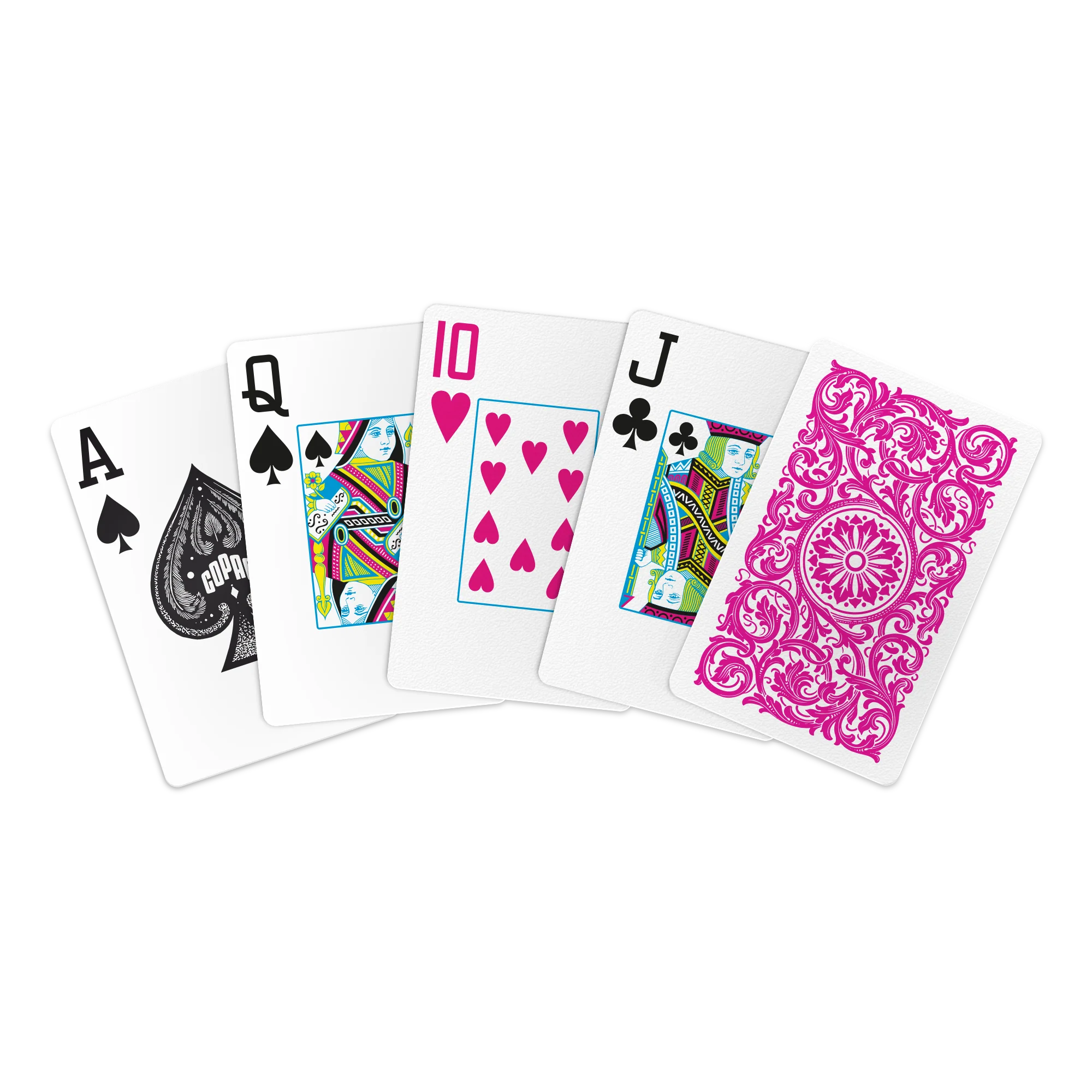 Copag Elite jumbo pink playing cards in bridge size with colorful designs on a white background