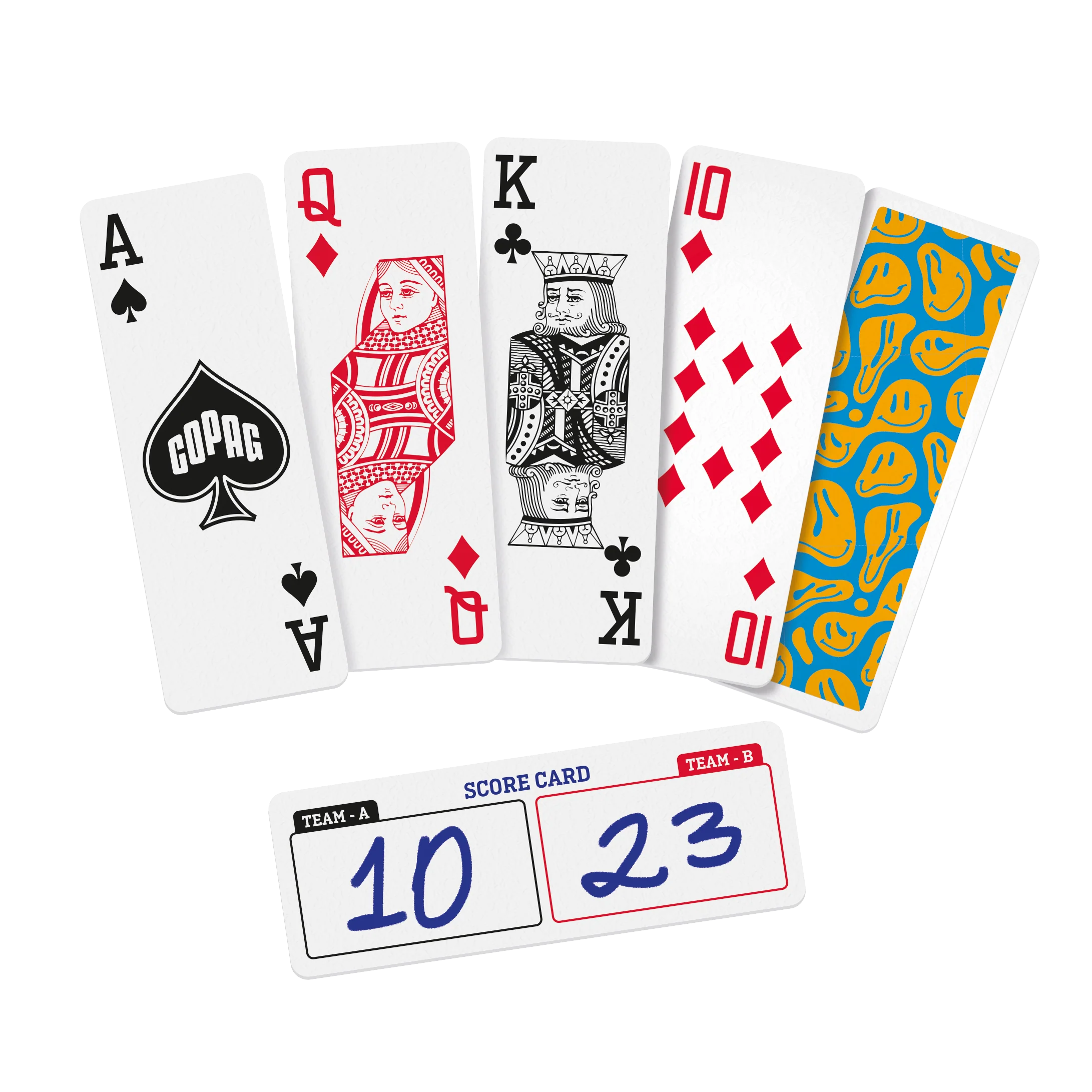 Set of Copag Go Deck – Smiles Design playing cards with a score card on a white background