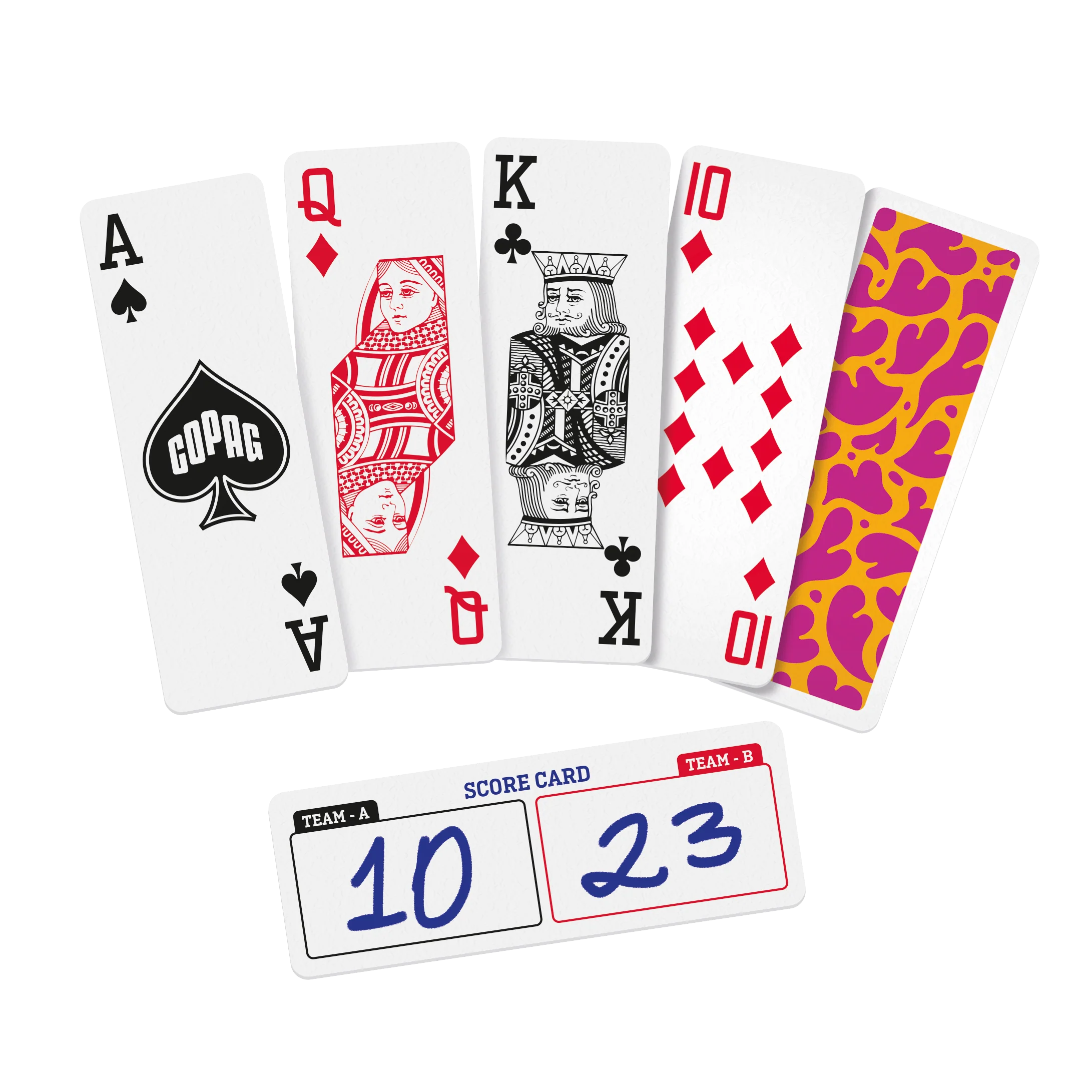 Set of Copag Go Deck – Hearts Design playing cards with a score card on a white background