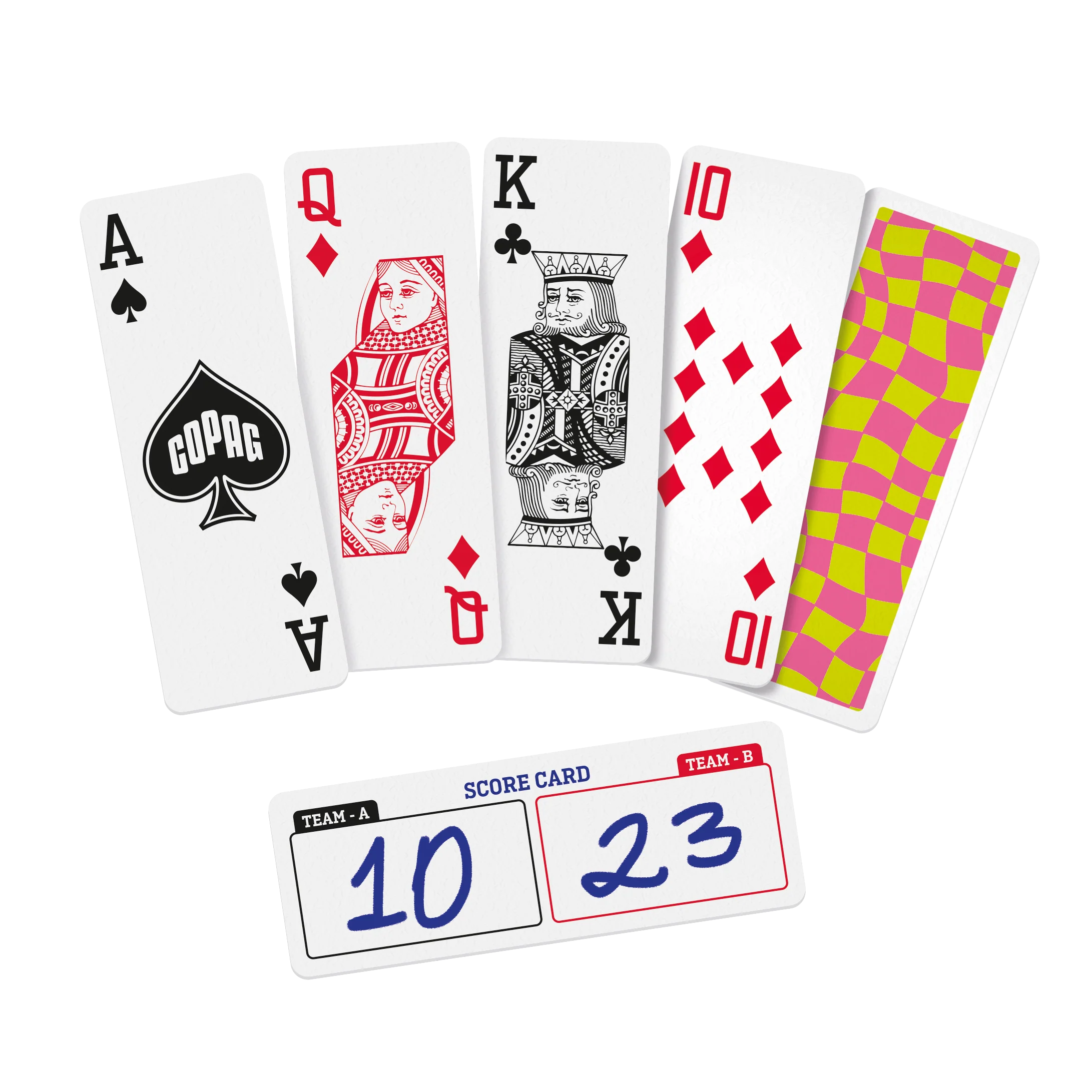Set of Copag Go Deck – Chess Design playing cards with a score card on a white background