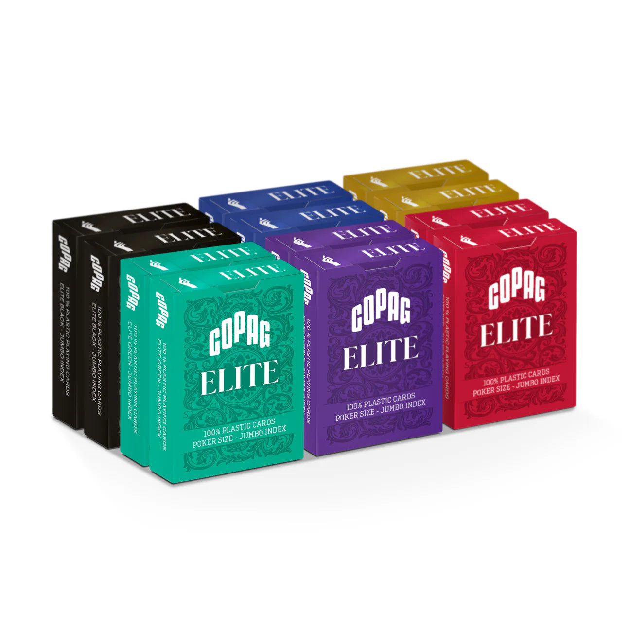 Set of Copag Elite card decks in various colors on a white background