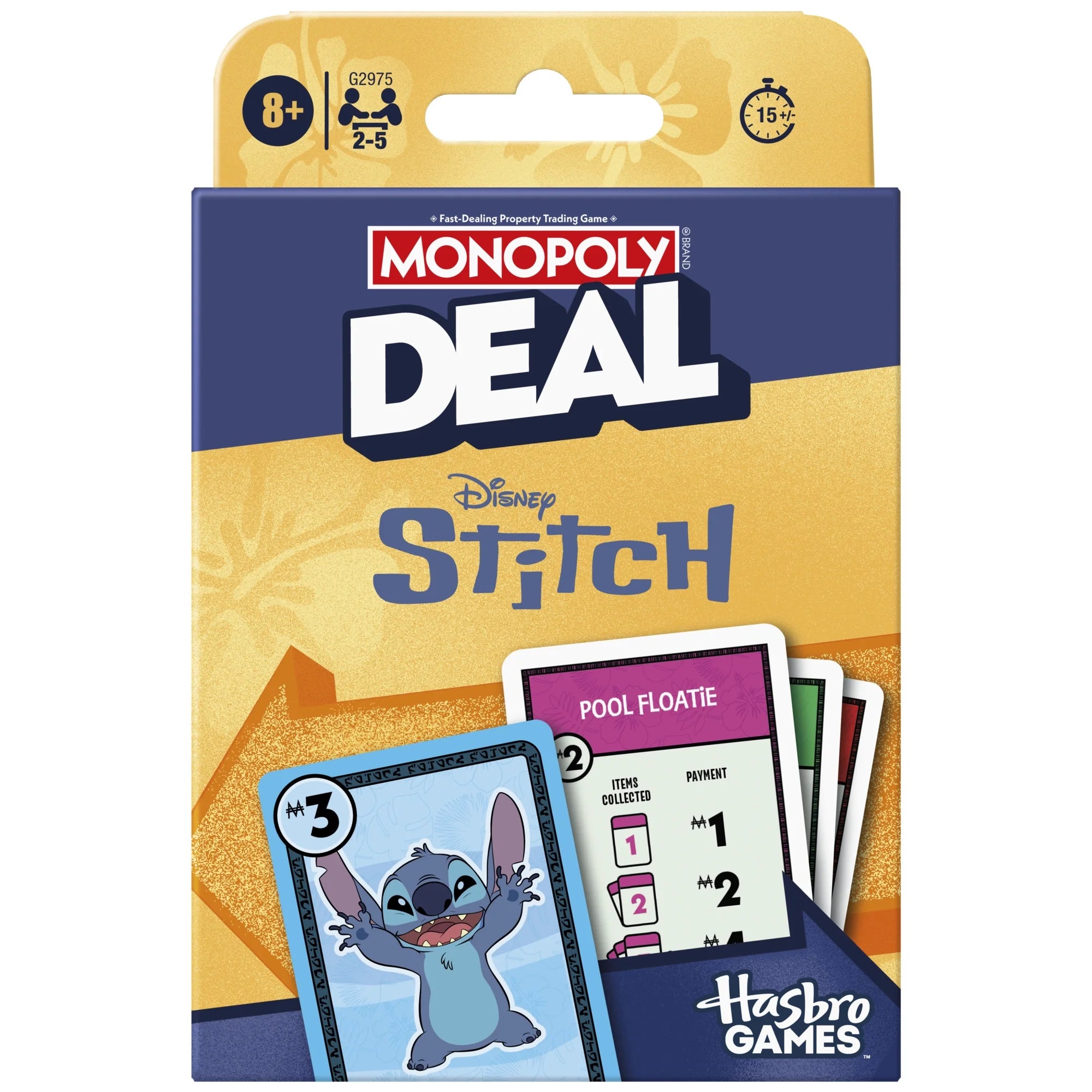 Monopoly Deal Disney Stitch card game packaging with cards and character illustration.