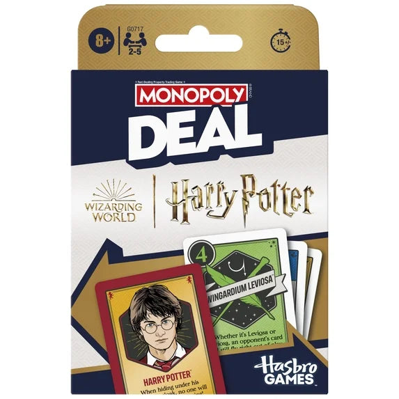 Monopoly Deal: Wizarding World Harry Potter card game box by Hasbro Games, featuring a navy and gold package design with sample Harry Potter and Wingardum Leviosa cards visible on the front.