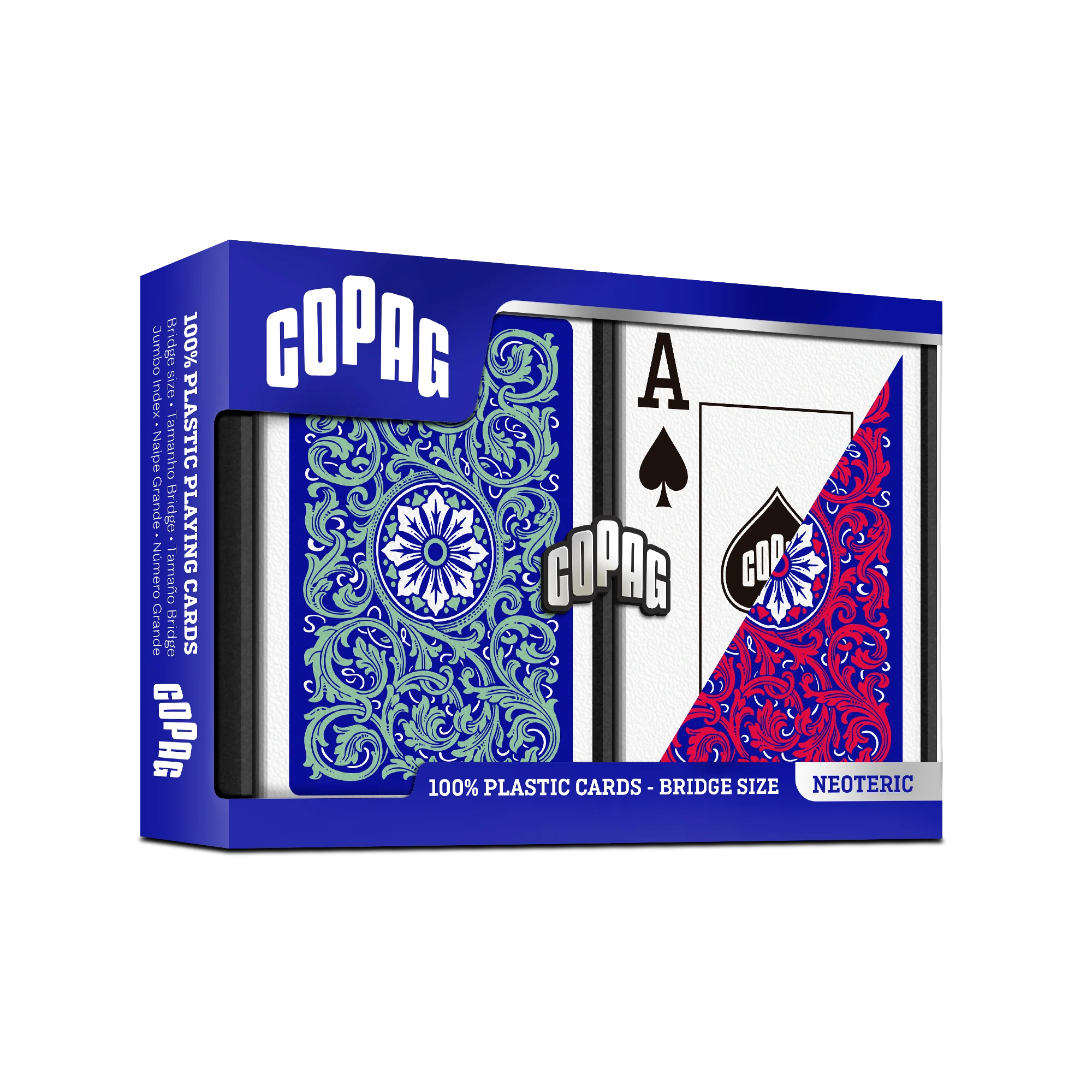 Retail box of Copag 1546 Neoteric bridge-size jumbo index double deck set with green and red backs and Ace of spades.