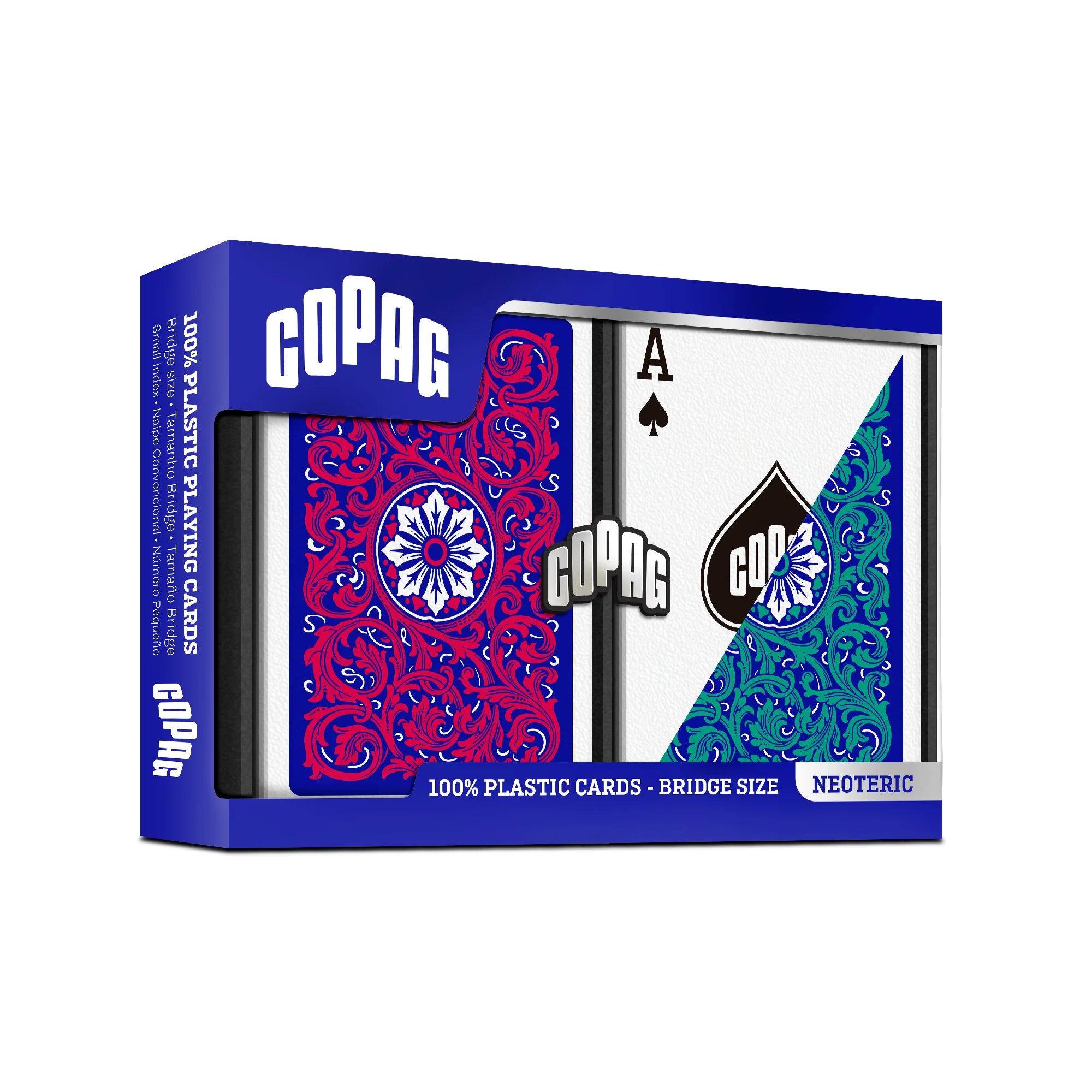 Copag Neoteric Bridge Size Regular Index (Red & Green) playing cards box with card designs on a white background