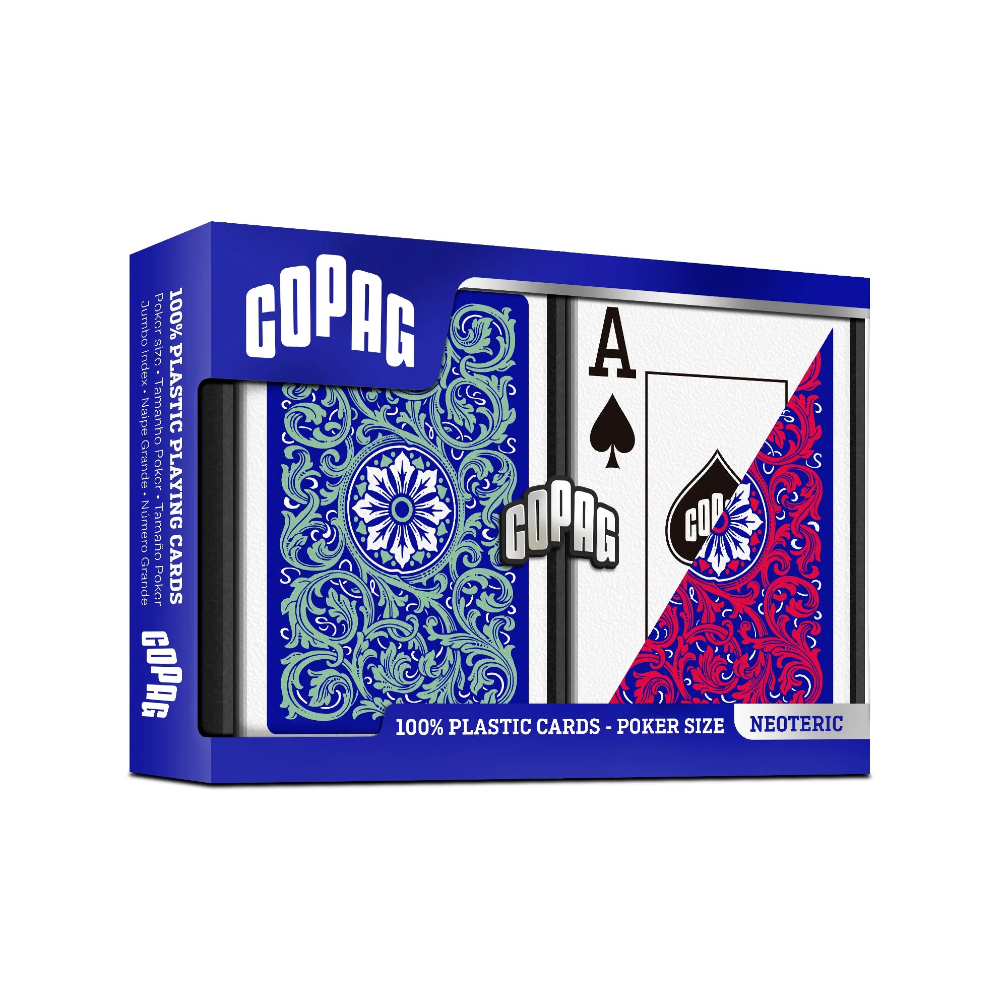 Copag Neoteric Playing Cards, Poker Size, Jumbo Index (Red & Green) packaging with two card designs on a white background