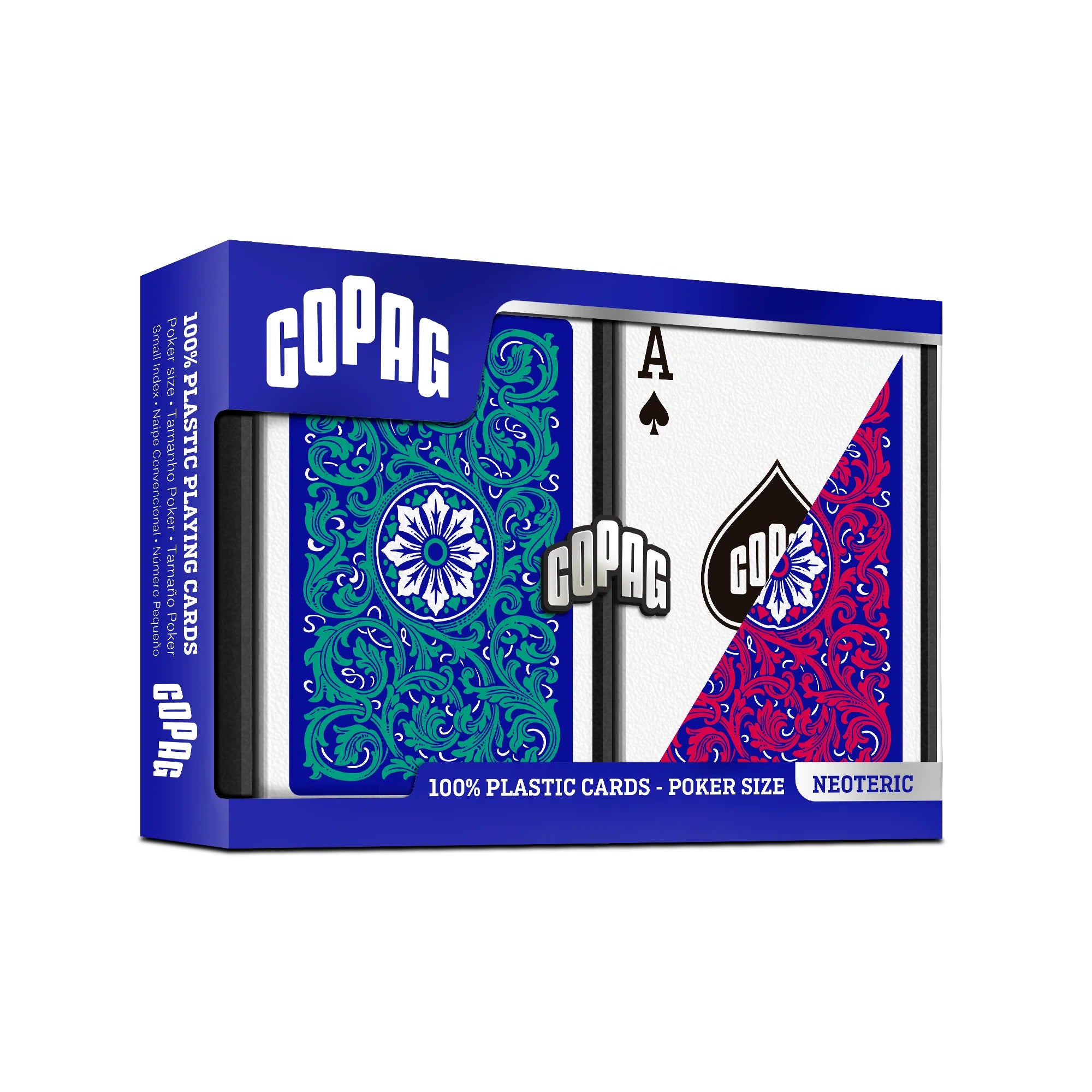 Copag Neoteric Poker Size Regular Index (Red & Green) playing cards packaging with blue and red designs on a white background