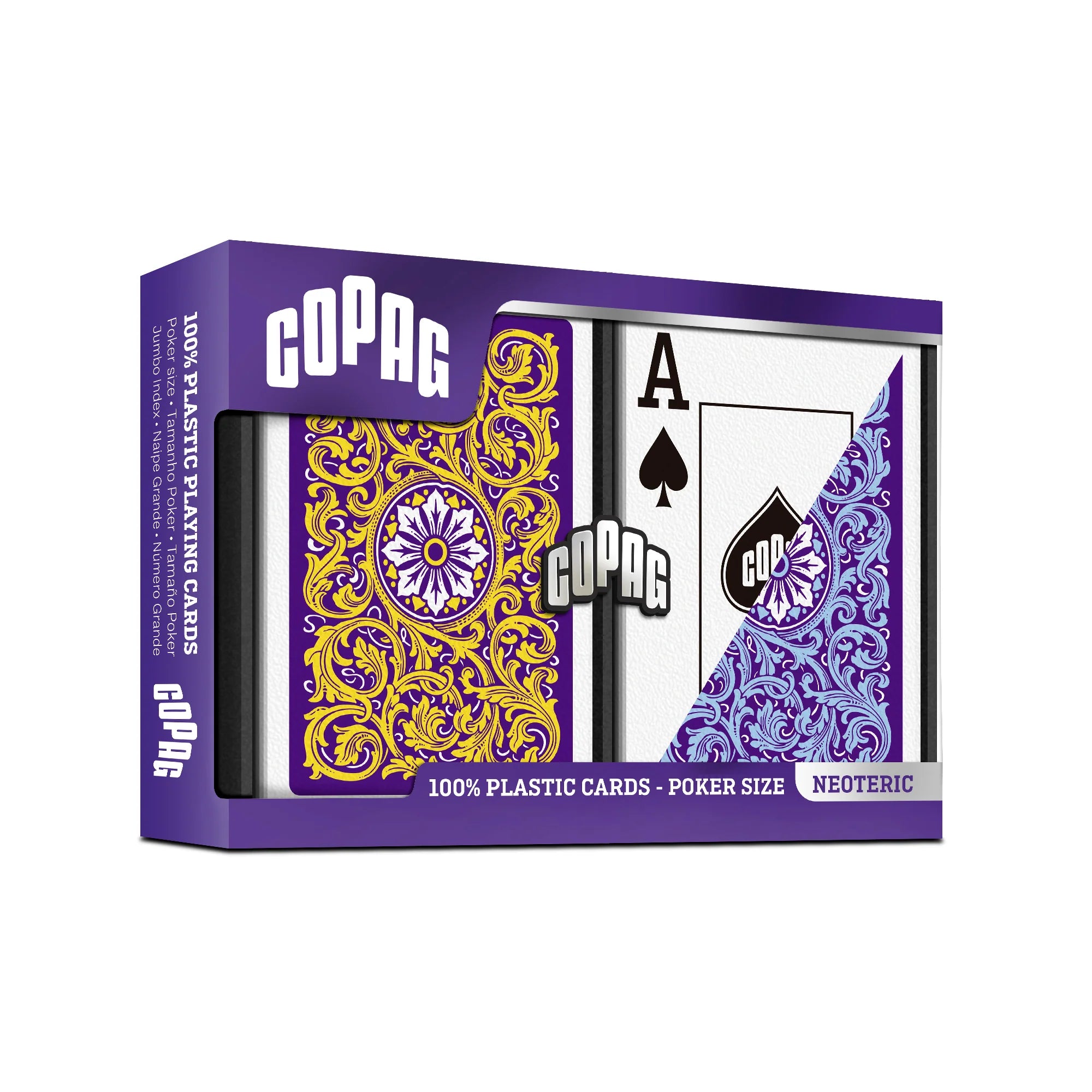 Copag Neoteric Poker Size Jumbo Index (Blue & Yellow) playing cards in a purple box with card design visible