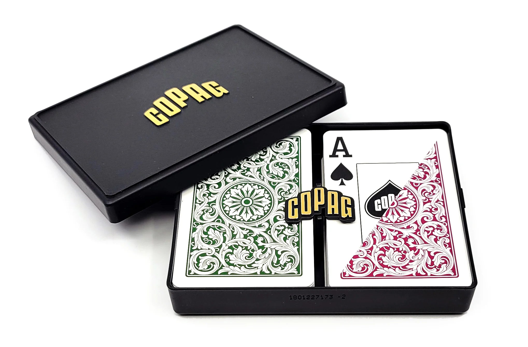 Open black Copag hard case displaying two bridge-size decks with green and burgundy 1546 back designs and an Ace of spades face card.
